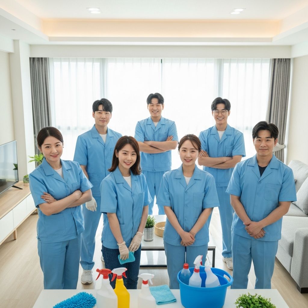 프리홈청소 전문 청소팀이 환하게 웃으며 청소 준비를 하는 모습